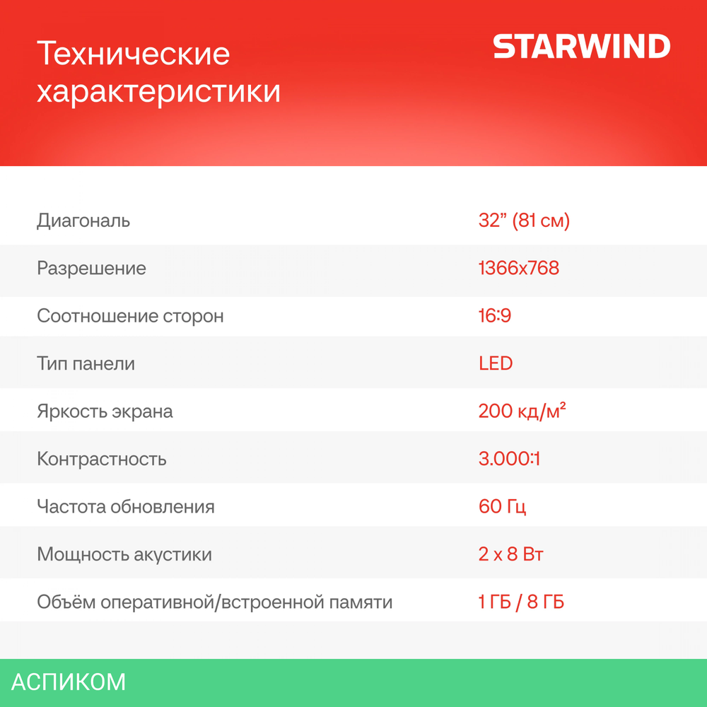 Телевизор LED Starwind 32" SW-LED32SG305