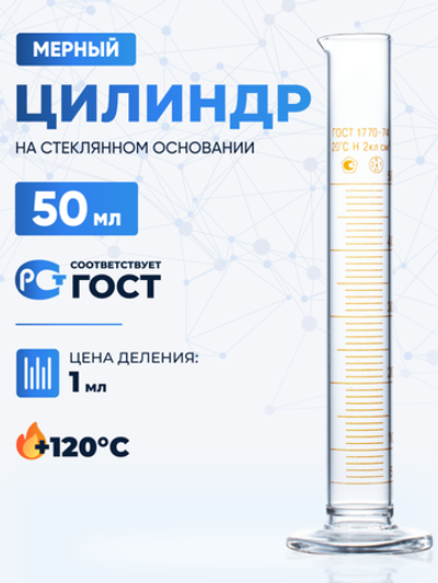 Цилиндр 50 мл (мерный: исполнение 1 - на стеклянном основании), 1-50-2, Лаборио