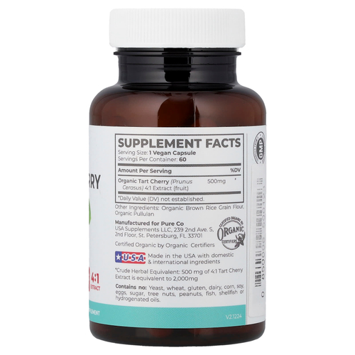 Pure Co., органическая вишня, 60 веганских капсул (500 мг в 1 капсуле)