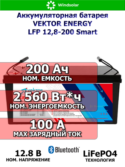 Аккумуляторная батарея VEKTOR ENERGY LFP 12,8-200 Smart (200Ah / 12,8V / 2560Wh / BMS / BT 4.0 / LiFePO4)