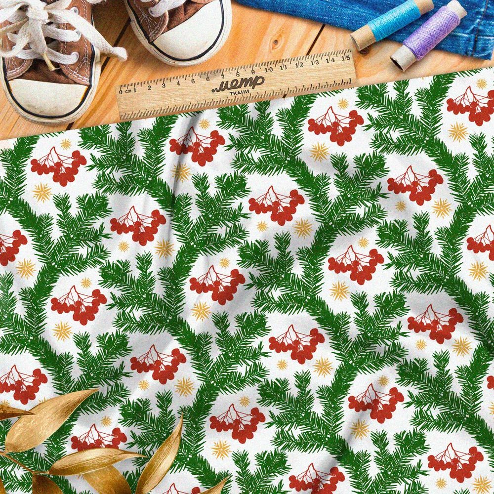 Ткань интерлок узор из еловых веток и рябины