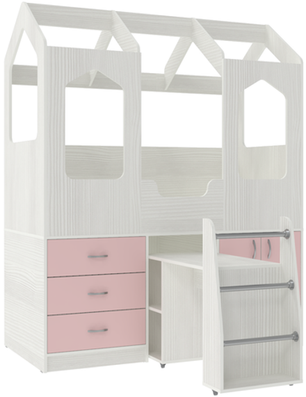 Кровать-чердак КарИВи Домик Сказка с выдвижным столом ДС-14 Белое Дерево Розовый