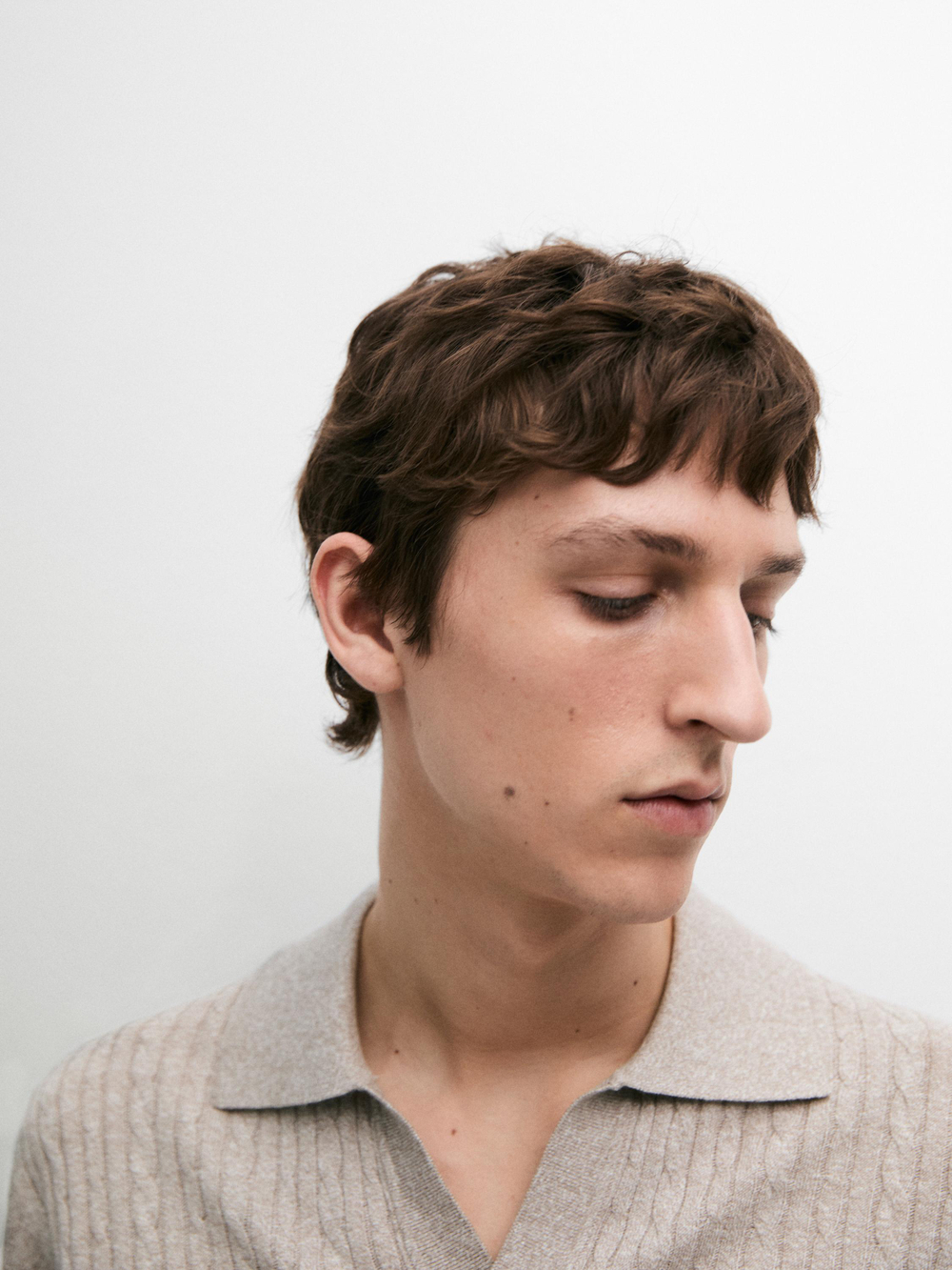 Massimo Dutti Вязаная рубашка-поло с короткими рукавами и узором «косичка», норка