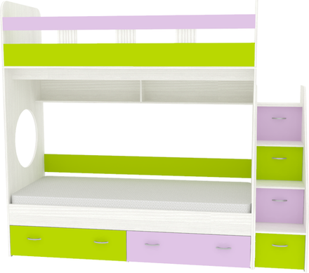 Двухъярусная кровать КарИВи Юниор 1 90х200 Белое Дерево Ирис Лайм