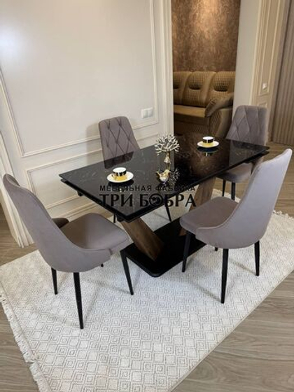 Кухонный раскладной стол "Вирджиния" , черный мрамор и 4 стула ЛОНДОН