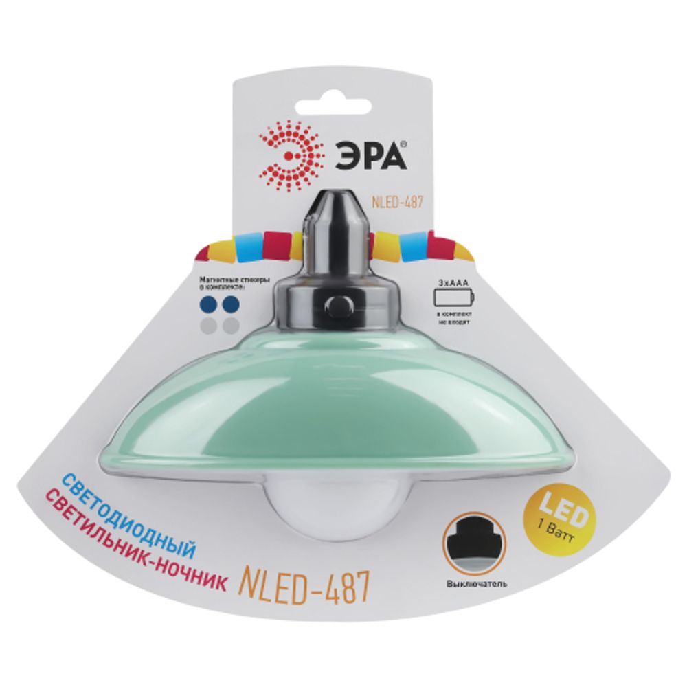 Ночник - светильник светодиодный ЭРА NLED-487-1W-SW-GR настенный на батарейках с выключателем зеленый | Ночники