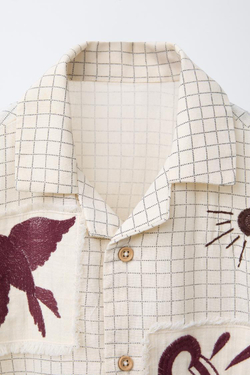 ZARA РУБАШКА В КЛЕТКУ С НАШИВКАМИ, КОРИЧНЕВЫЙ\ЭКРЮ