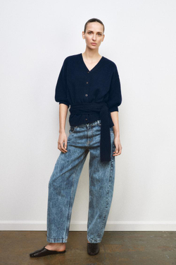 ZARА КАРДИГАН ИЗ 100% ШЕРСТИ С ОБЪЕМНЫМИ РУКАВАМИ, МОРСКОЙ СИНИЙ