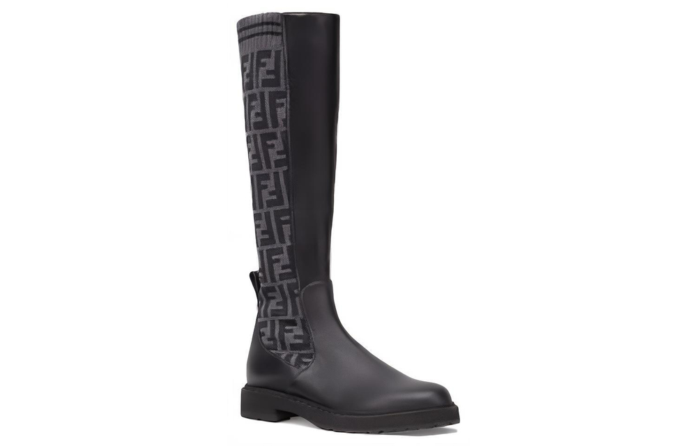 FENDI Rockoko Round Tip Long Shaft Boots Women"s Black Gray