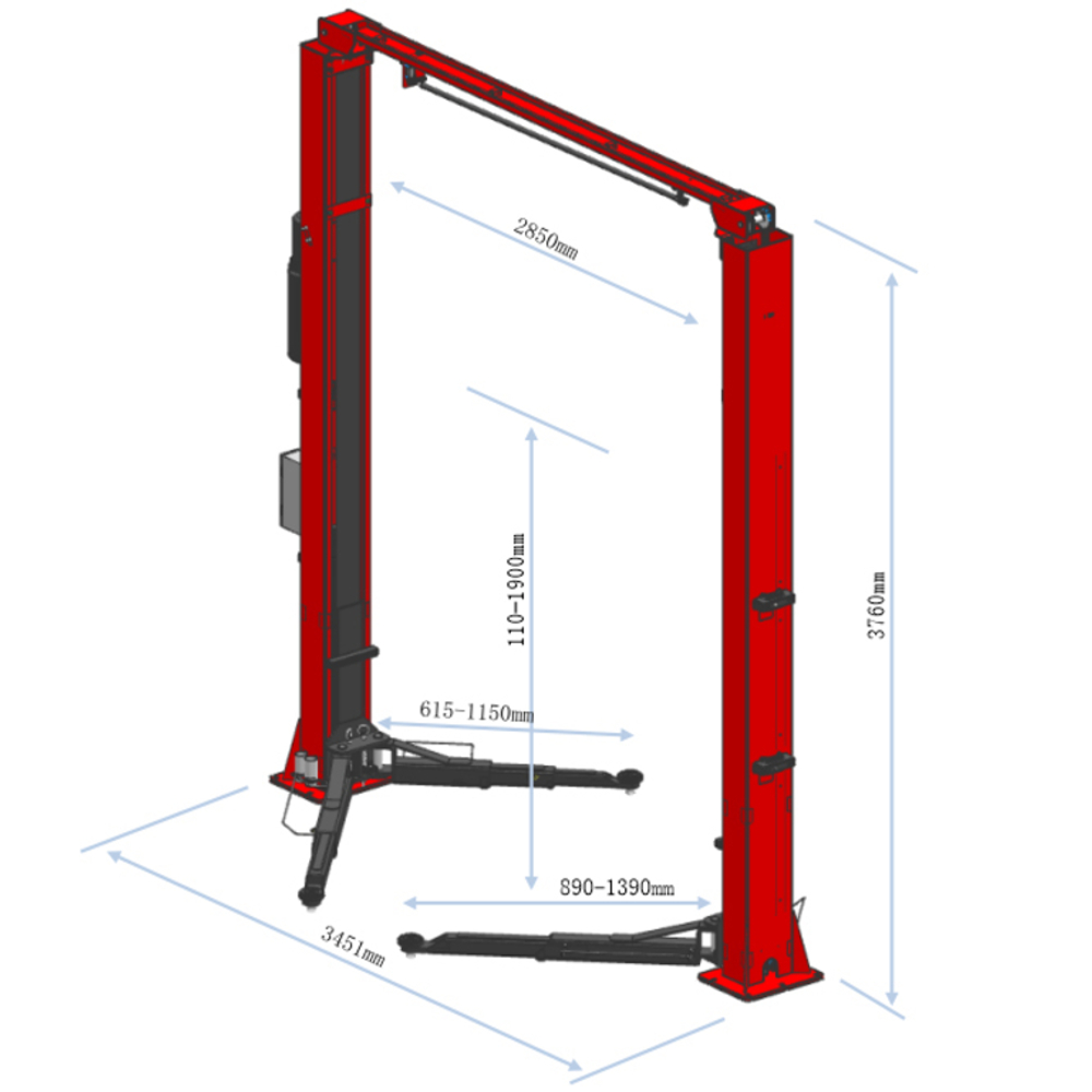 Подъемник электрогидравлический 4т 110-1900мм 2-х стоечный 380В верх.синхрон. (электр. спуск) GTE