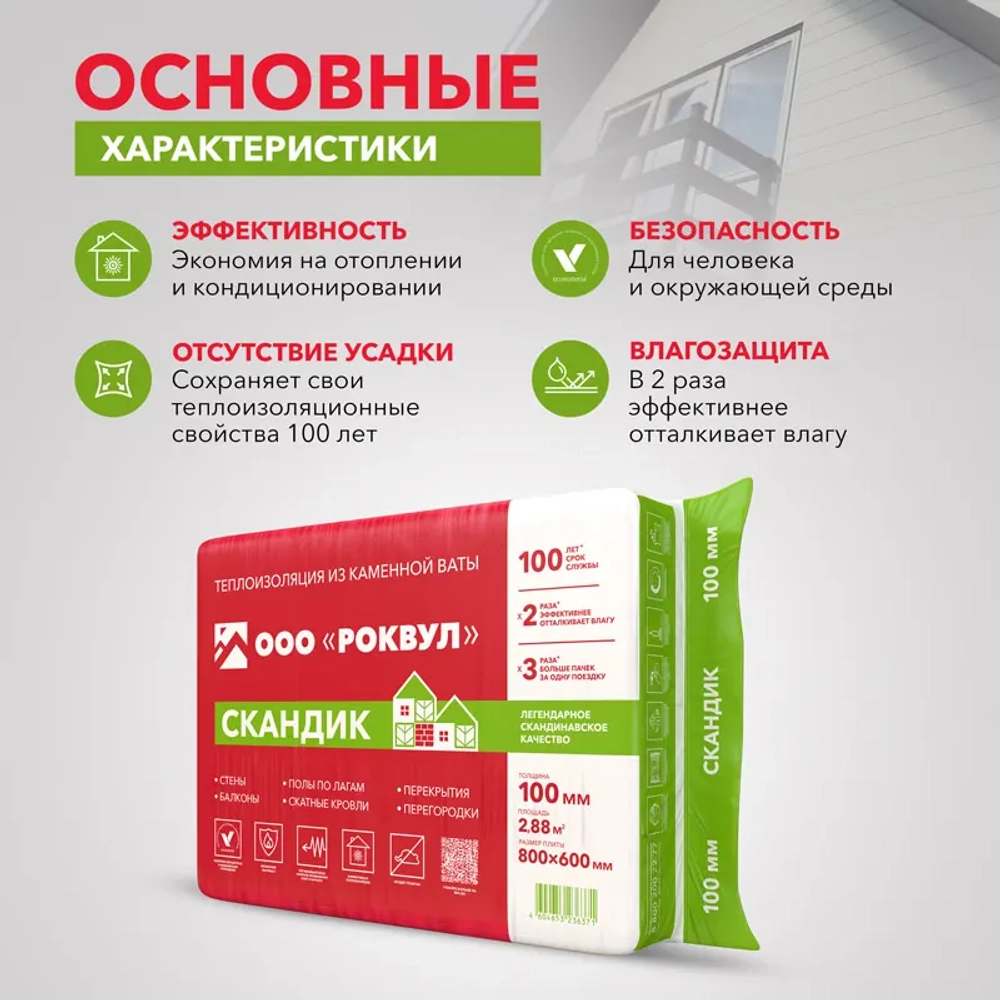 Утеплитель Роквул Лайт Баттс Скандик 800х600х100 мм