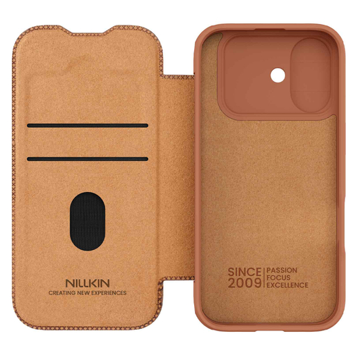 Кожаный чехол книжка коричневого цвета для iPhone 17, серия Qin Pro Leather с обновленной сдвижной шторкой от Nillkin