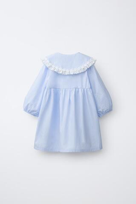 ZARA ПЛАТЬЕ ИЗ ПОПЛИНА С ВЫШИТЫМ ВОРОТНИКОМ, ГОЛУБОЙ