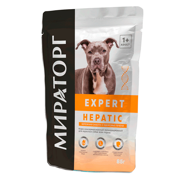 Влажный корм Мираторг Expert Hepatic, для взр.собак бережная забота о здоровье печени, 85 г.