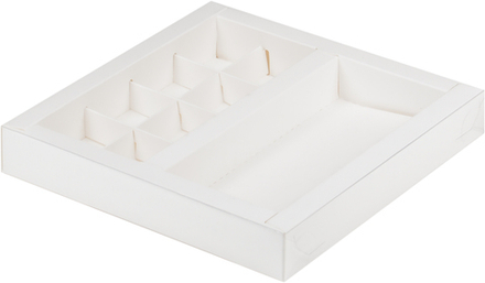 Коробка с пласт.крышкой для конфет 200*200*30 мм (8) + для шоколад.плитки 160*80 мм (белая)
