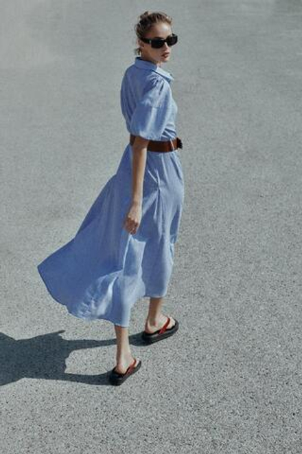 ZARA ПЛАТЬЕ МИДИ ИЗ ЛЬНА С ПОЯСОМ, СИНИЙ