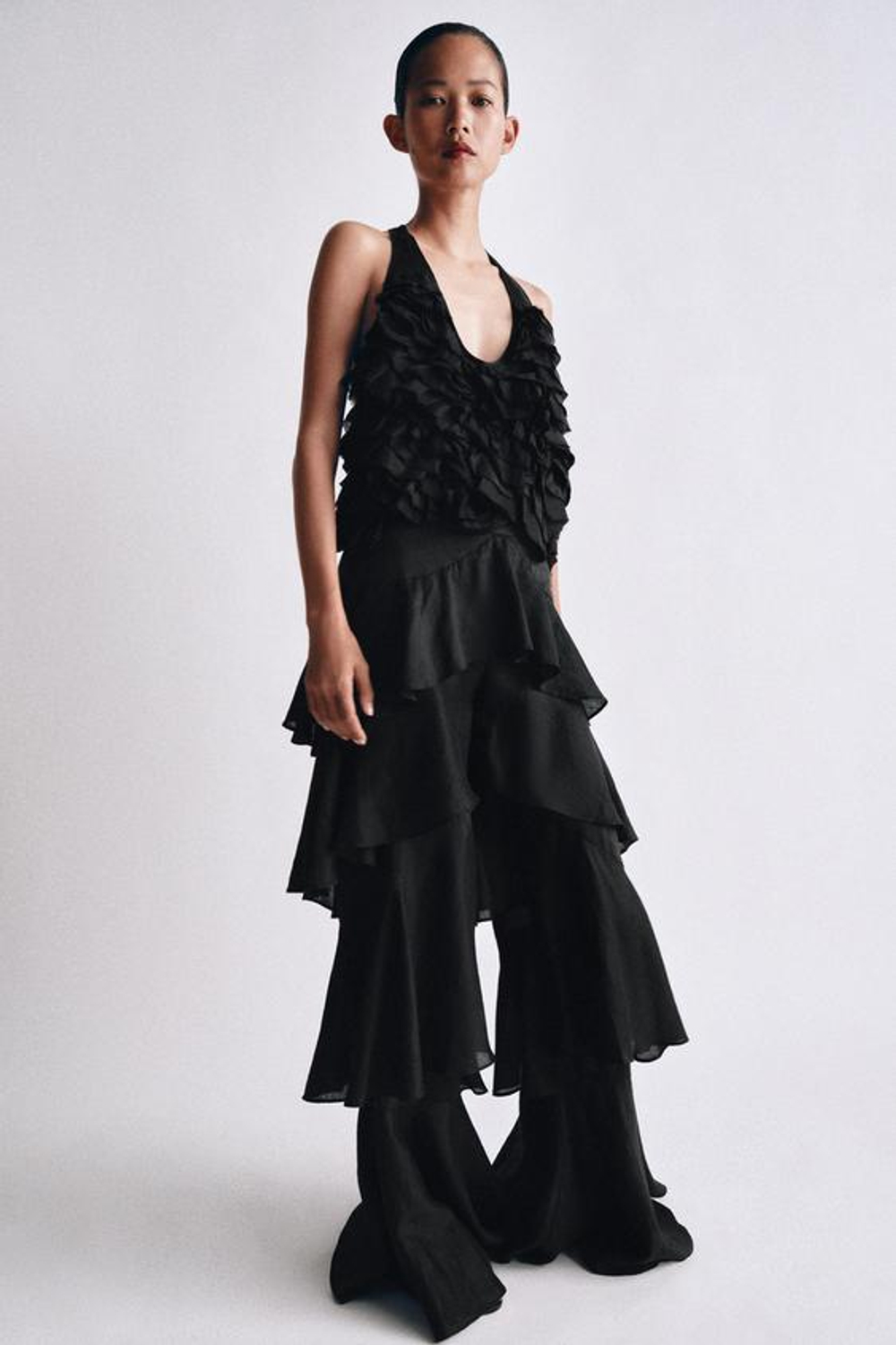 ZARA БРЮКИ С ВОЛАНАМИ И РАМИ — ZW COLLECTION, ЧЕРНЫЙ