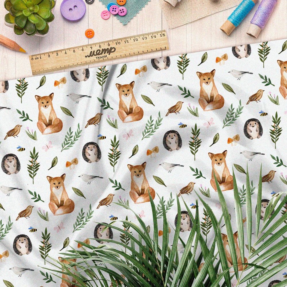 Ткань атлас лисята и ежата