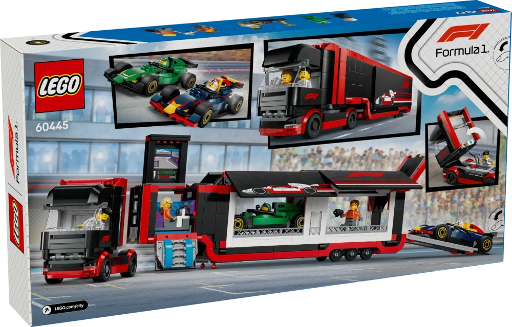 Конструктор LEGO City 60445 Грузовик с автомобилями RB20 и AMR 24 F1