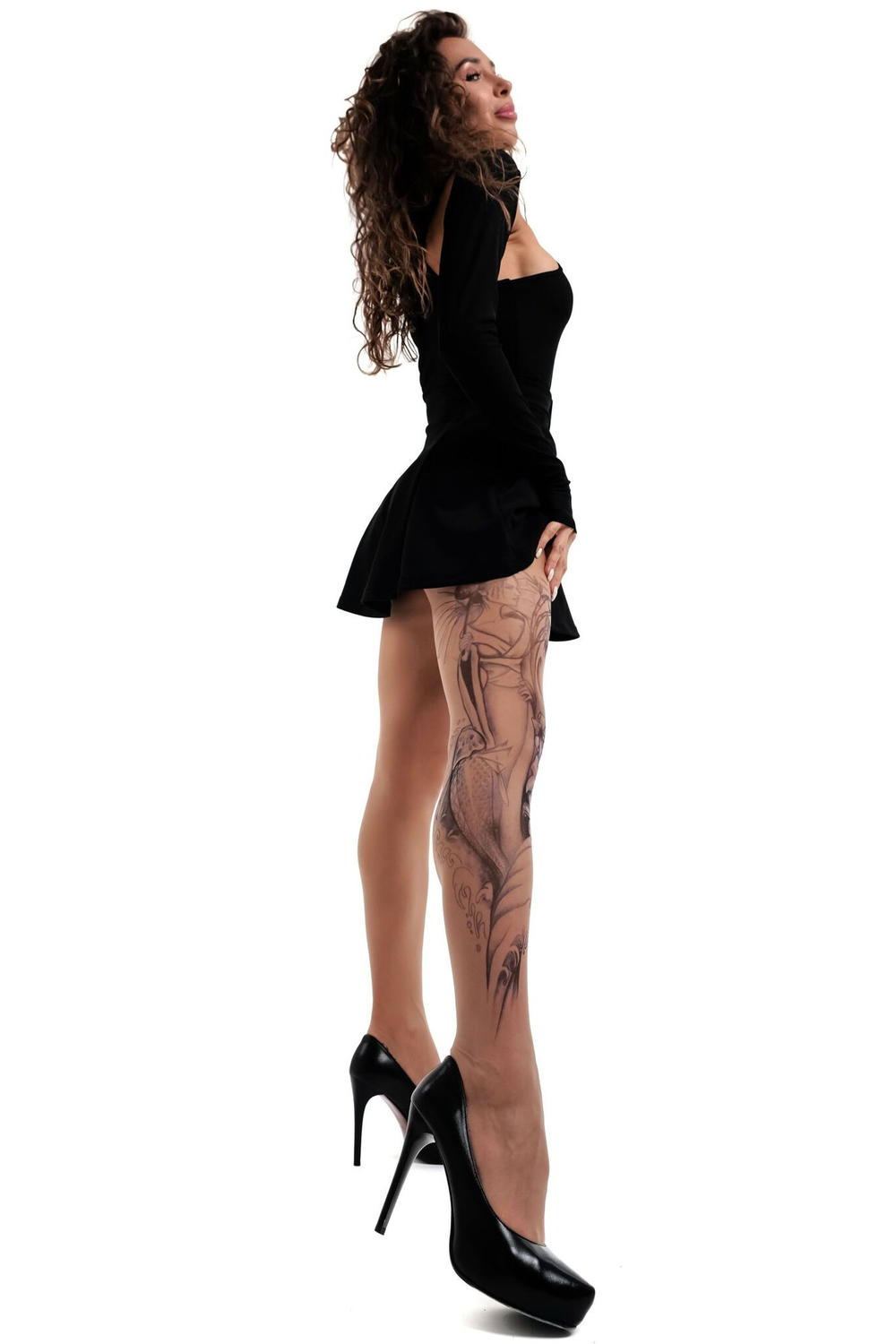 Колготки +size с принтом в виде гейши (Размер: XL-XXL-XXXL) (Цвет: бежевый)