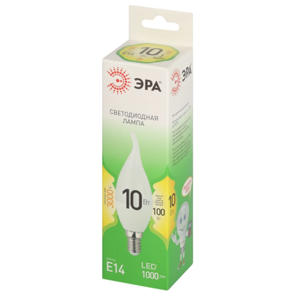 Лампочка светодиодная ЭРА GREEN LINE LED BXS-10W-830-E14 GL E14 10 Вт свеча на ветру теплый свет | Лампы cветодиодные Свеча (B/C)