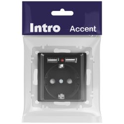 Розетка Intro Accent 6-410-05 с заземлением 2P+E Schuko со шторками 16А-250В + 2хUSB IP20 СУ антрацит | Intro