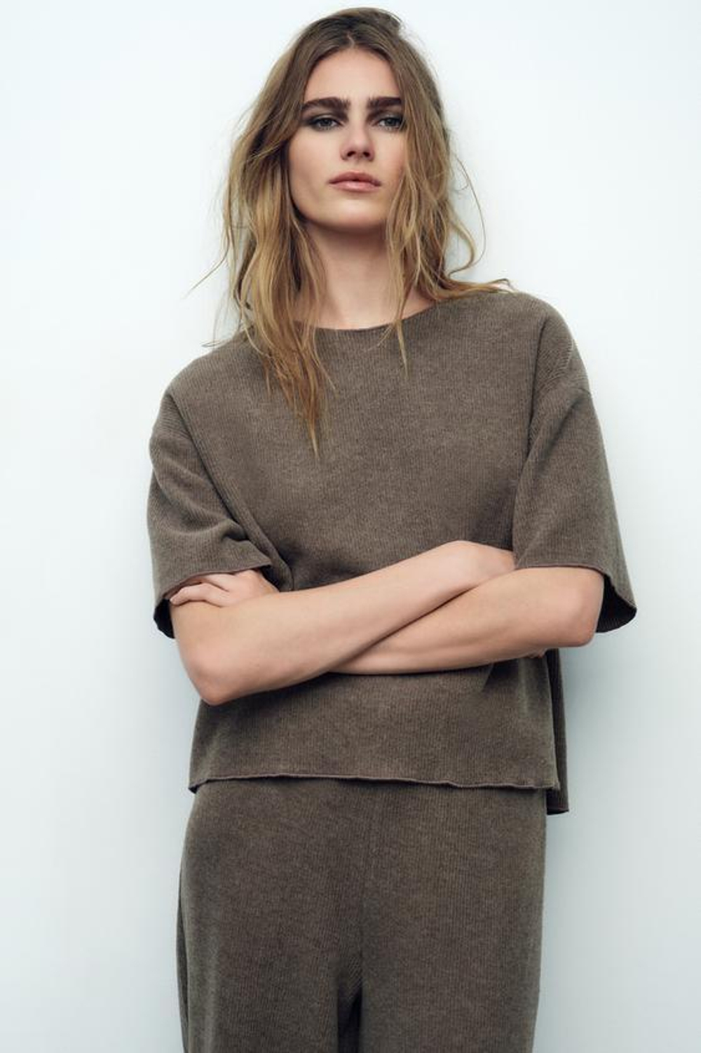 ZARA ТОП ИЗ МЯГКОЙ ТКАНИ В РУБЧИК, РЫЖЕВАТО-КОРИЧНЕВЫЙ