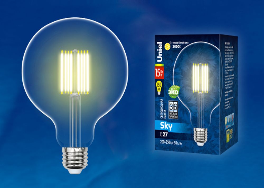 LED-G125-15W/3000K/E27/CL PLS02WH Лампа светодиодная. Форма шар, прозрачная. Серия Sky. Теплый белый свет (3000K). Картон. ТМ Uniel.
