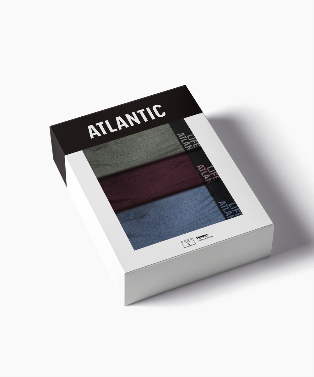 Мужские трусы шорты Atlantic, набор из 3 шт., хлопок, зелёный меланж + винный меланж + голубой меланж, 3MH-226
