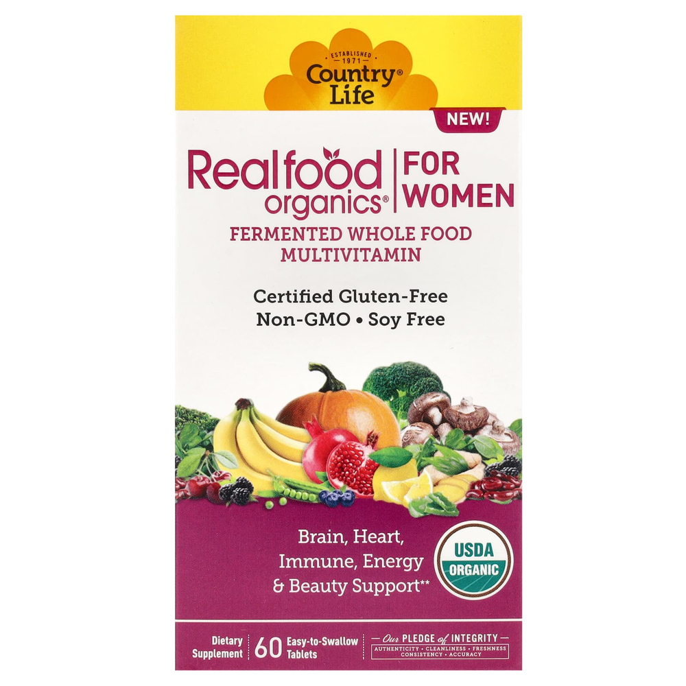 Country Life, Realfood Organics, мультивитамины для женщин, 60 таблеток, которые легко глотать