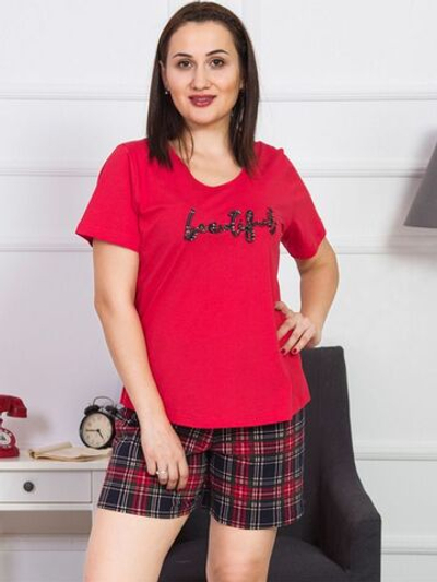 Домашний комплект с клетчатыми шортиками (Размер: XL) (Цвет: красный)