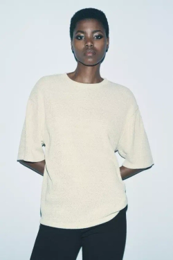 ZARA ТОП С БЛЕСТЯЩЕЙ НИТЬЮ И КОРОТКИМИ РУКАВАМИ, ЗОЛОТОЙ