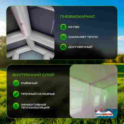 Пневмокаркасная всесезонная палатка «Универсал» 4×2,5×2,5 м — из ПВХ, зелёная