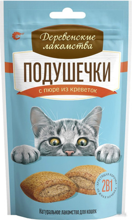 Лакомство для кошек Деревенские лакомства 30г Подушечки с пюре из креветок