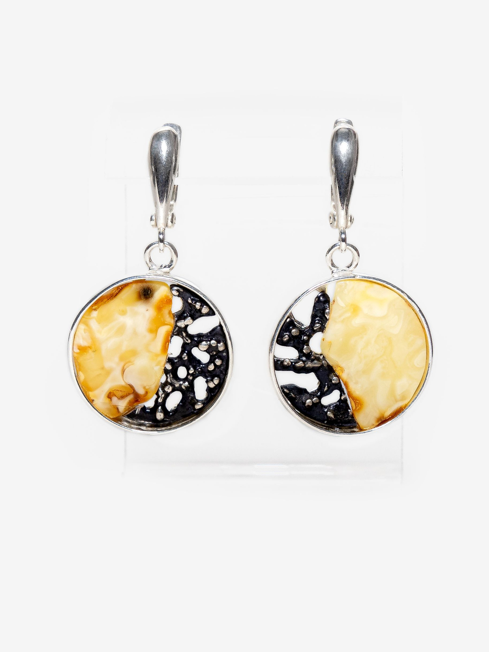 Уникальные серебряные серьги с цельным пейзажным янтарем, серебро 925 пробы