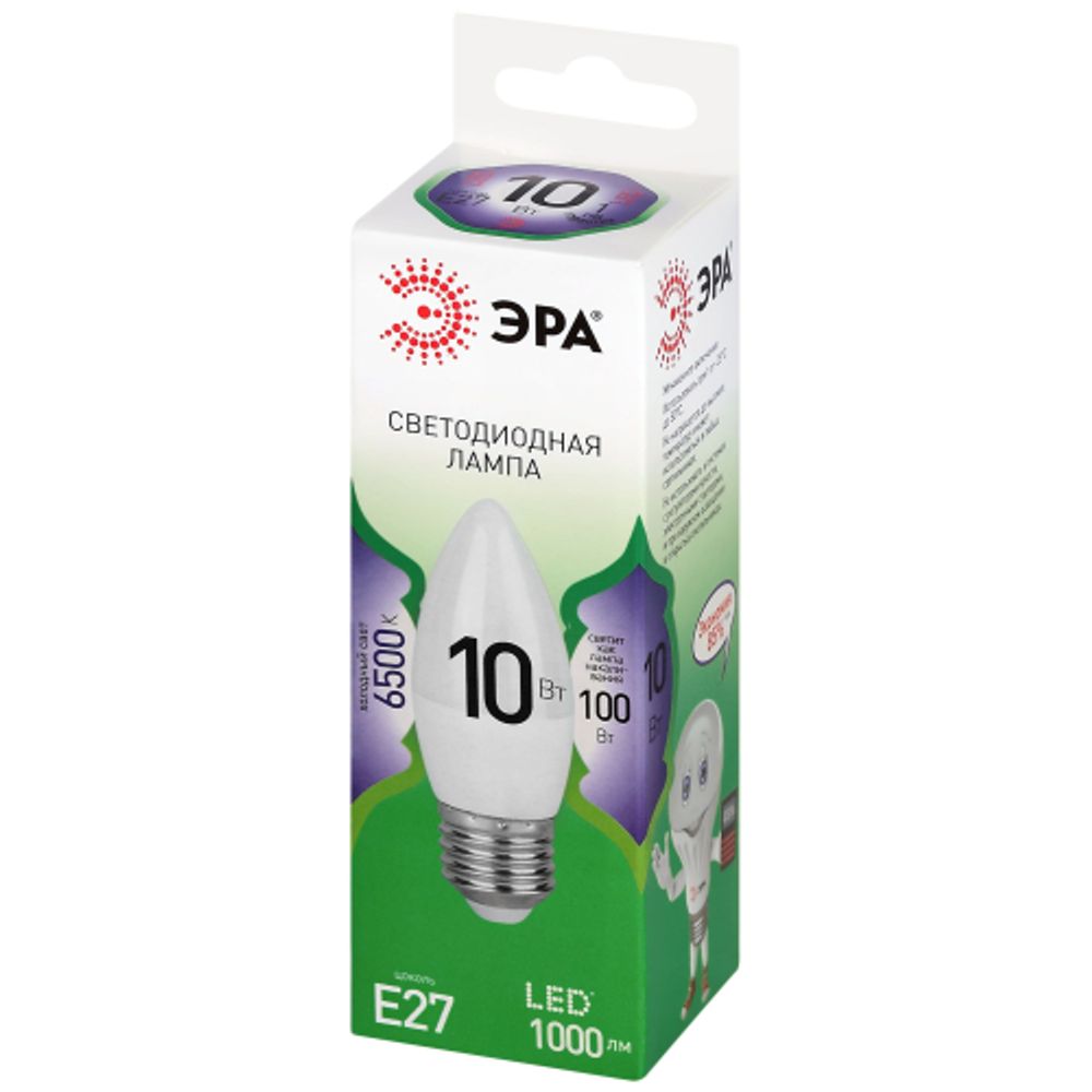 Лампа светодиодная ЭРА GREEN LINE LED B35-10W-865-E27 GL 10Вт свеча холодный свет E27 | Лампы cветодиодные Свеча (B/C)
