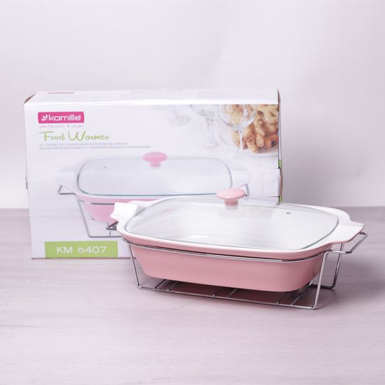 Мармит керамический прямоугольный 3.7 л со стеклянной крышкой (оливковый, розовый) Kamille