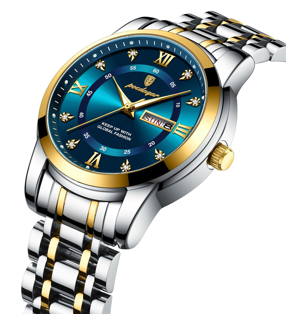 Часы мужские кварцевые ARCTURUS 936 c браслетом замок бабочка (серебро, желтое золото, бирюзовый)