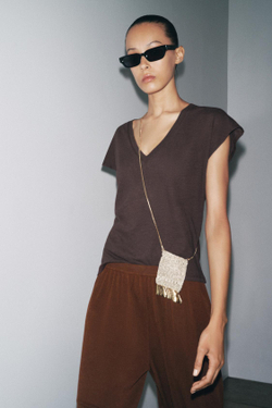 ZARA ФУТБОЛКА ИЗ ХЛОПКА И ЛЬНА, КОРИЧНЕВЫЙ