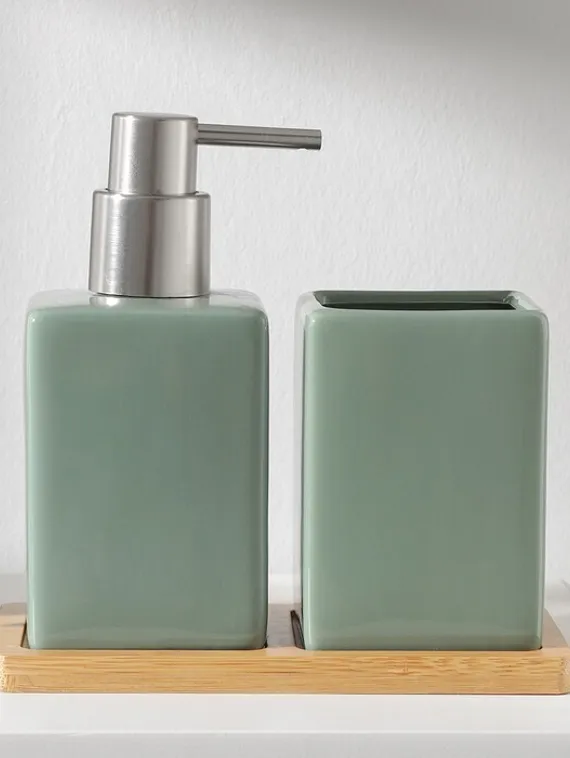 Набор аксессуаров для ванной комнаты SAVANNA Square, 3 предмета (дозатор для мыла, стакан, подставка), цвет зелёный