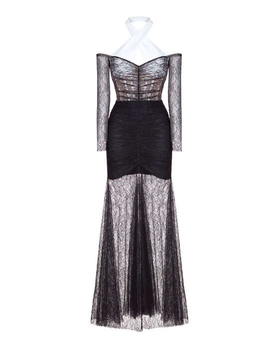 Платье макси из крепа и кружева со спущенными рукавами