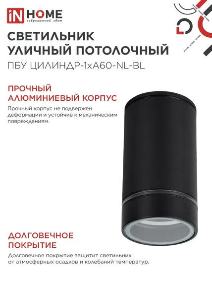 Светильник уличный потолочный ПБУ ЦИЛИНДР-1xА60-NL-BL с подсветкой черный IP54 IN HOME