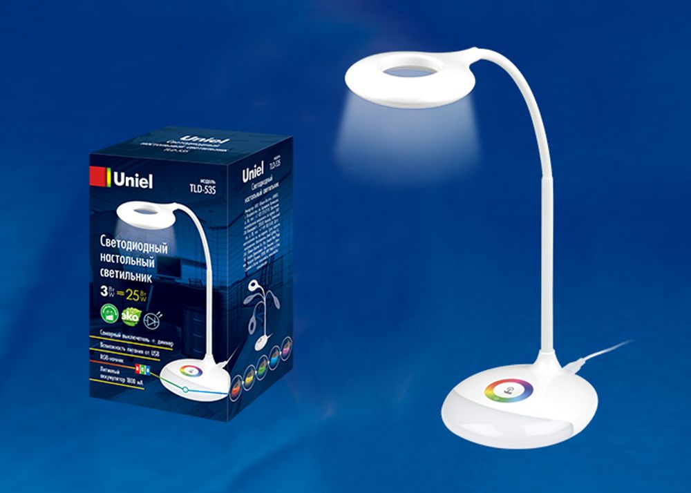 TLD-535 White/LED/250Lm/5500K/Dimmer Светильник настольный с ночником RGB, 4W. Встроенный аккумулятор 1800mAh. Сенсорный выключатель. Белый. TM Uniel.