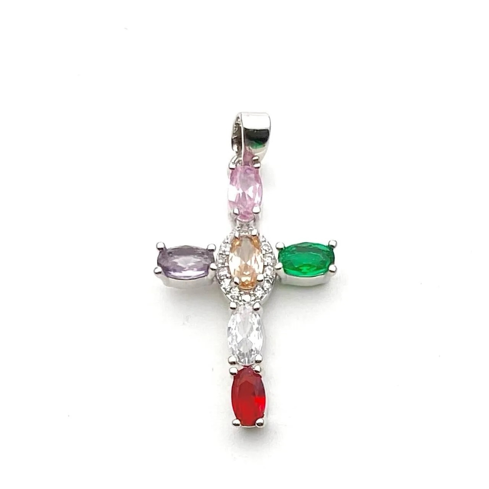 126168-р Подвеска "Крест" 24*14 мм, мультиколор, родий