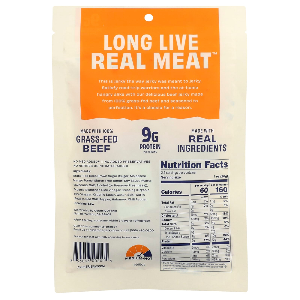 Country Archer Jerky, вяленая говядина травяного откорма, манго и хабанеро, 71 г (2,5 унции)