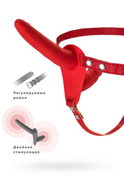 Красный страпон на ремнях с вагинальной пробкой - 15 см. (Цвет: красный)