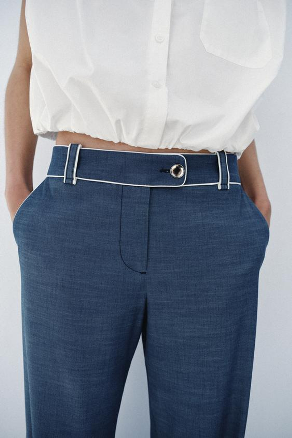 ZARA ШИРОКИЕ БРЮКИ С КОНТРАСТНЫМИ КАНТАМИ, СИНИЙ