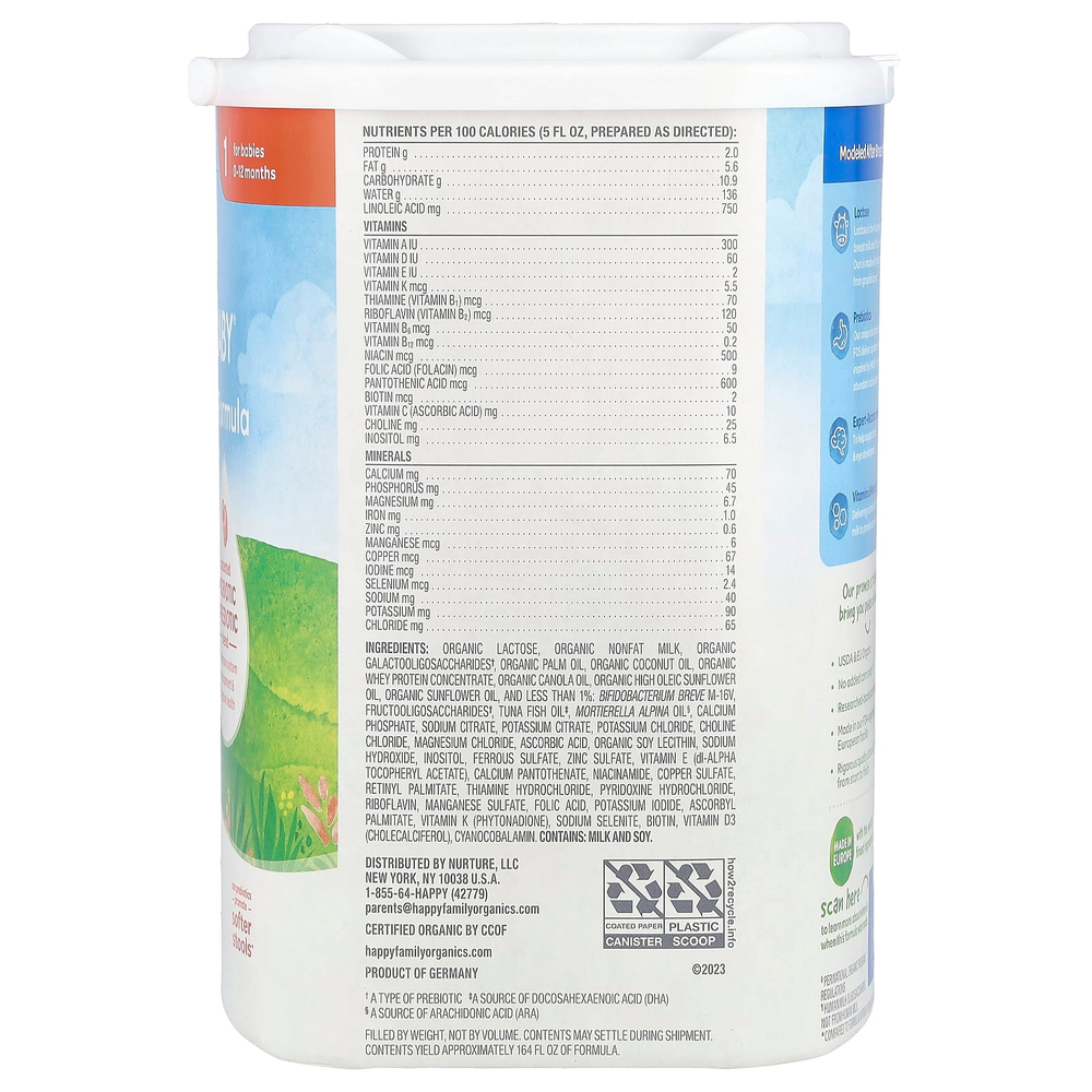 Happy Family Organics, Органическая смесь для младенцев, порошок на молочной основе с железом, 0–12 месяцев, 650 г (22,9 унции)