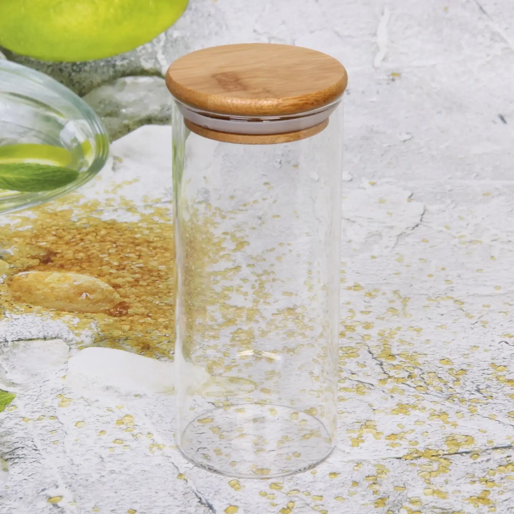Банка для продуктов стеклянная 400мл «Хай-Тек» с бамбуковой крышкой 6,5*15см