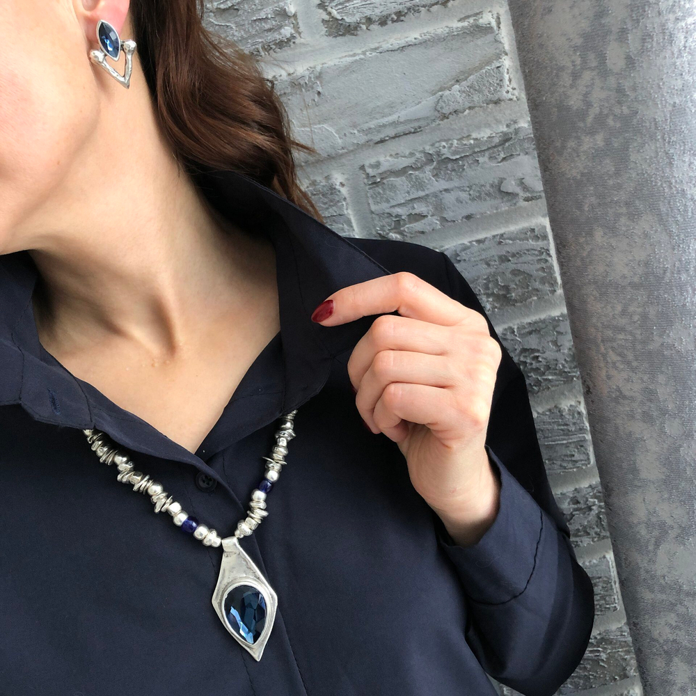 Серьги-ромбы синий кристалл